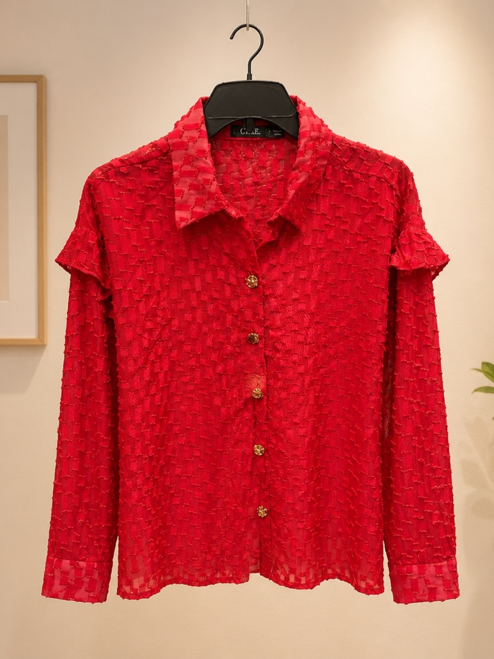 Women's Red Textured Button-Down Shirt with Gold Buttons